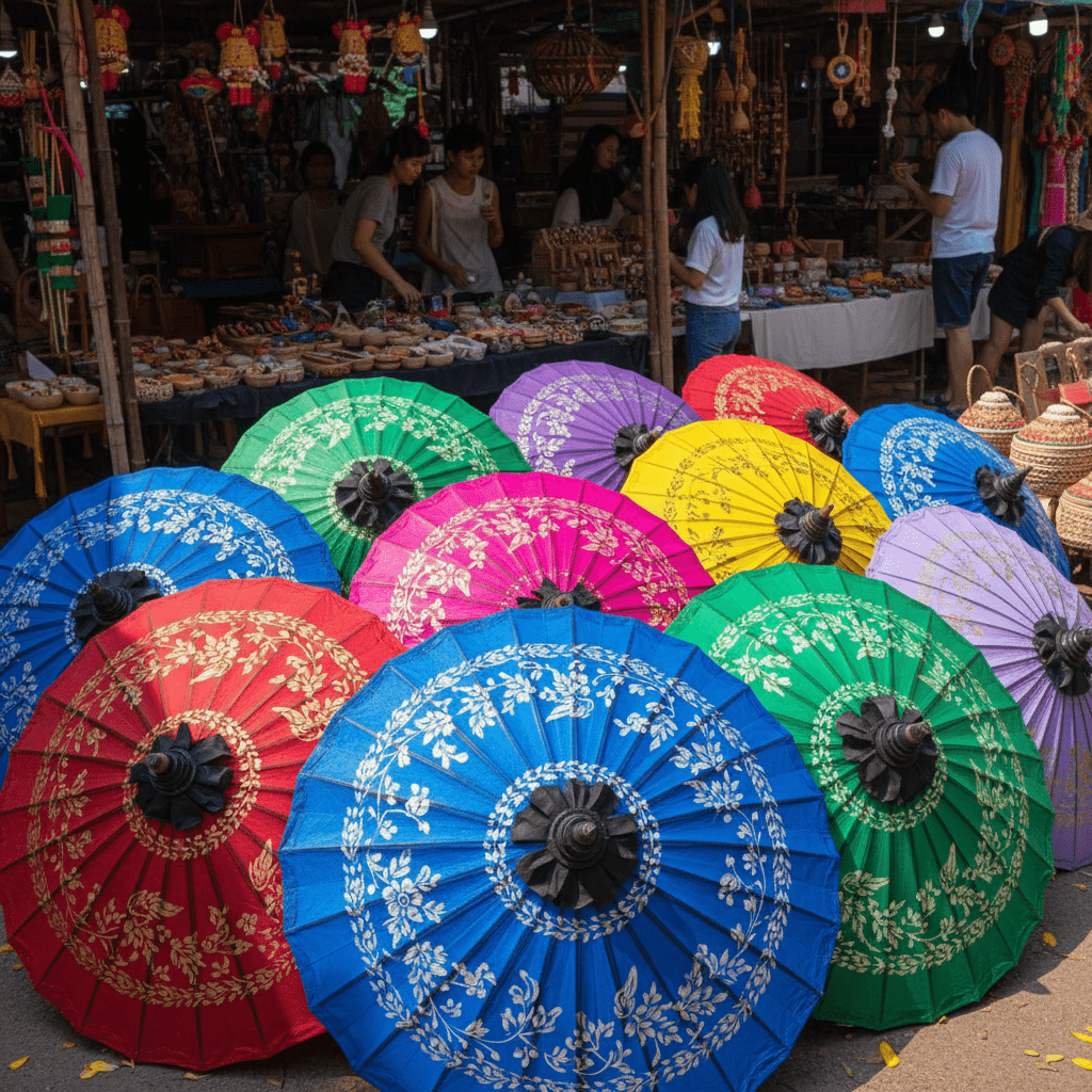ไขความลับความหลากหลาย ของร่มผ้าแพรเชียงใหม่ 2-ร้านร่มงาม ร่มเชียงใหม่ Colorful umbrellas at a market
